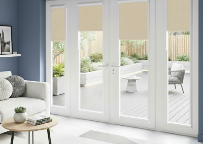 Modern living room with patio view