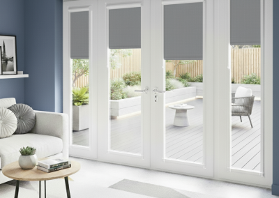 Modern living room with patio view