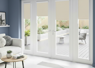 Modern living room with patio view