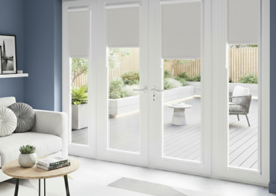 Modern living room with patio view