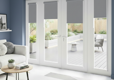 Modern living room with patio view