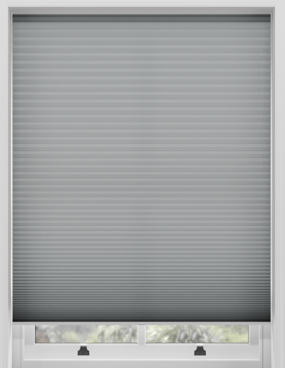 Gray pleated window blind closed