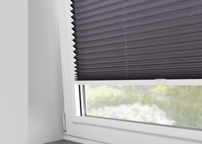 Gray pleated blinds in window