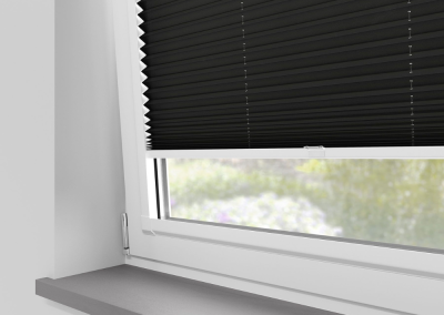 Black window blinds with white frame