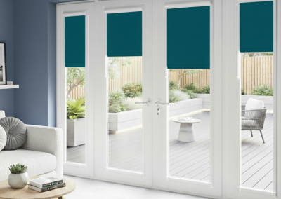 Modern room with teal window shades