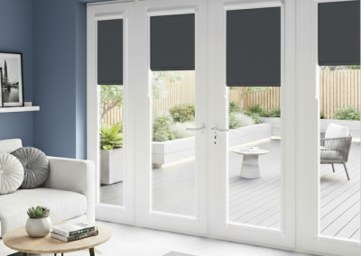 Modern living room with patio view