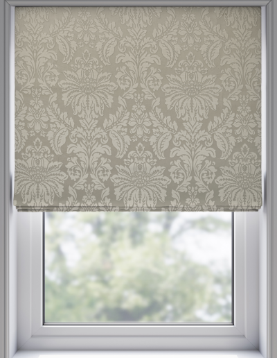 Elegant patterned window shade closed.