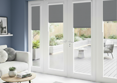 Modern living room with patio view