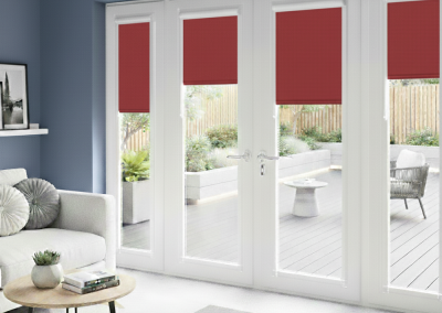 Modern living room with red blinds