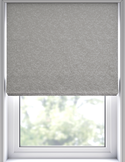 Gray patterned roller blind covering window