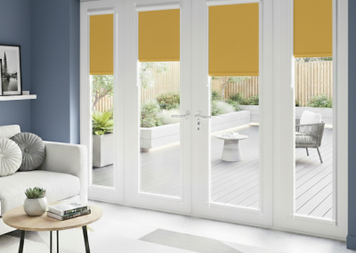Modern room with yellow window shades