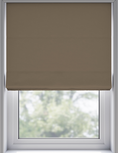 Brown roller shade covering window