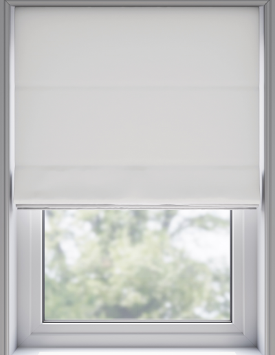 White roller blind covering window
