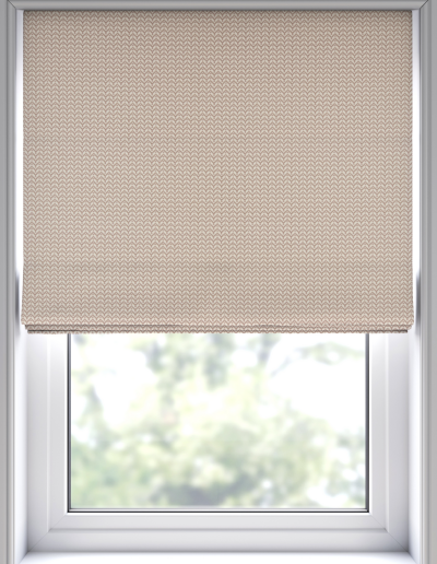 Beige patterned roller blind covering window