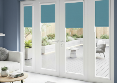 Modern room with blue window shades